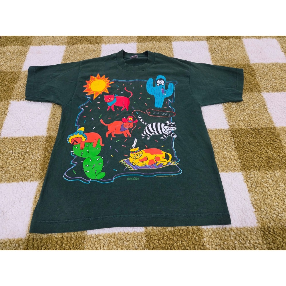 Vintage 90s Fruit of the Loom Sedona Arizona Cat Cactus T-Shirt Green Medium